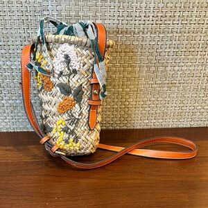 Zara Embroidered Raffia Mini Crossbody Bucket Bag